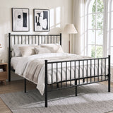 [Black | Double] Angled black metal bed view with cream bedding, tall bar headboard, matching footboard & centre support legs