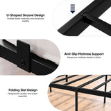 [Black | Double] Metal black bed feature guide showing U-groove slat fitting, anti-slip mattress stop and folding metal slats