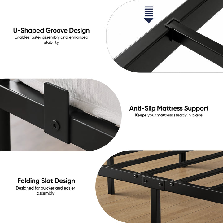[Black | Double] Metal black bed feature guide showing U-groove slat fitting, anti-slip mattress stop and folding metal slats