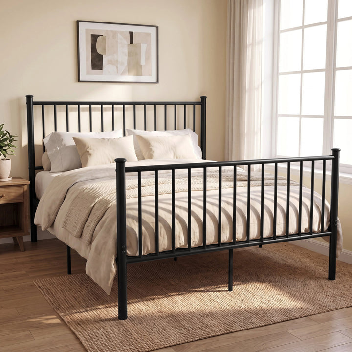 [Black | King] Angled view of metal king bed with white bedding, bar headboard and footboard, centre legs, nightstand & plant