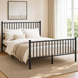 [Black | King] Angled view of metal king bed with white bedding, bar headboard and footboard, centre legs, nightstand & plant