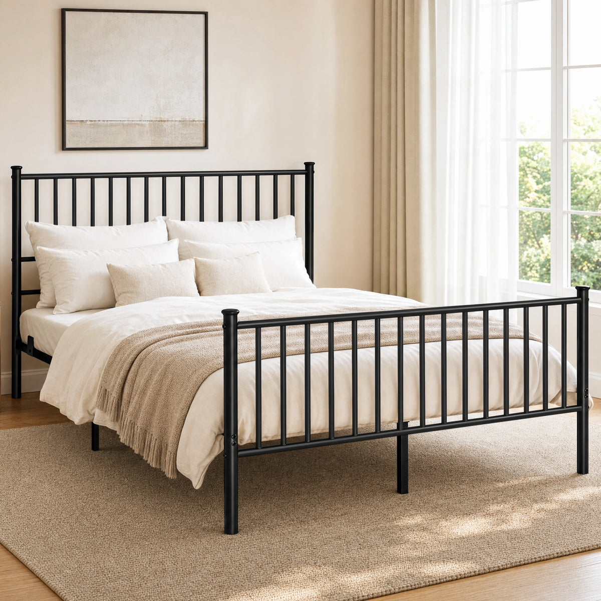 [Black | King] Angled view of metal king bed with white bedding, bar headboard and footboard, centre legs, nightstand & plant
