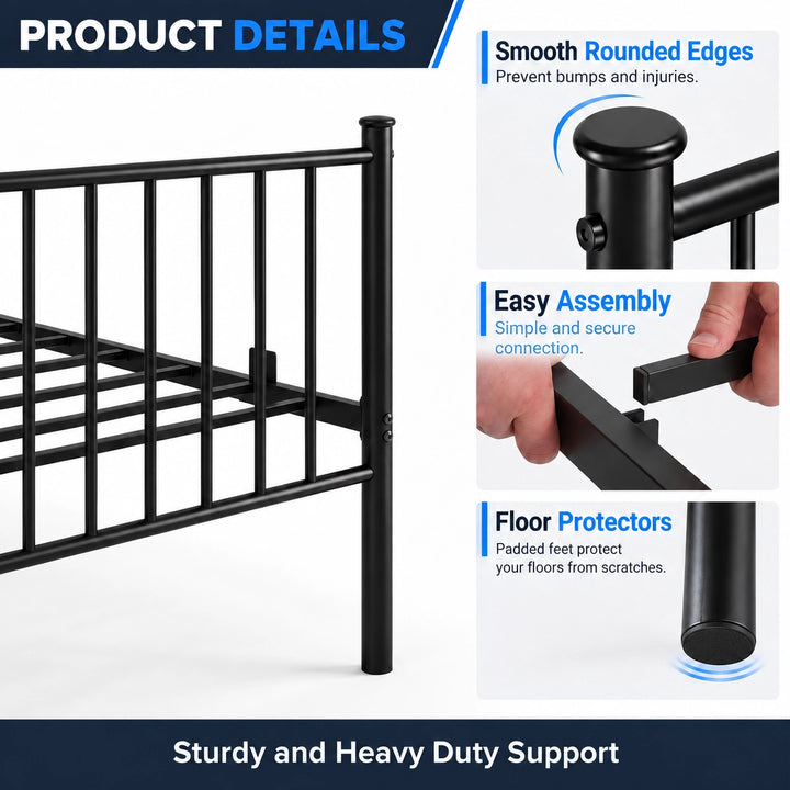 [Black | Double] Product details showing smooth rounded edges, easy assembly, and floor protectors