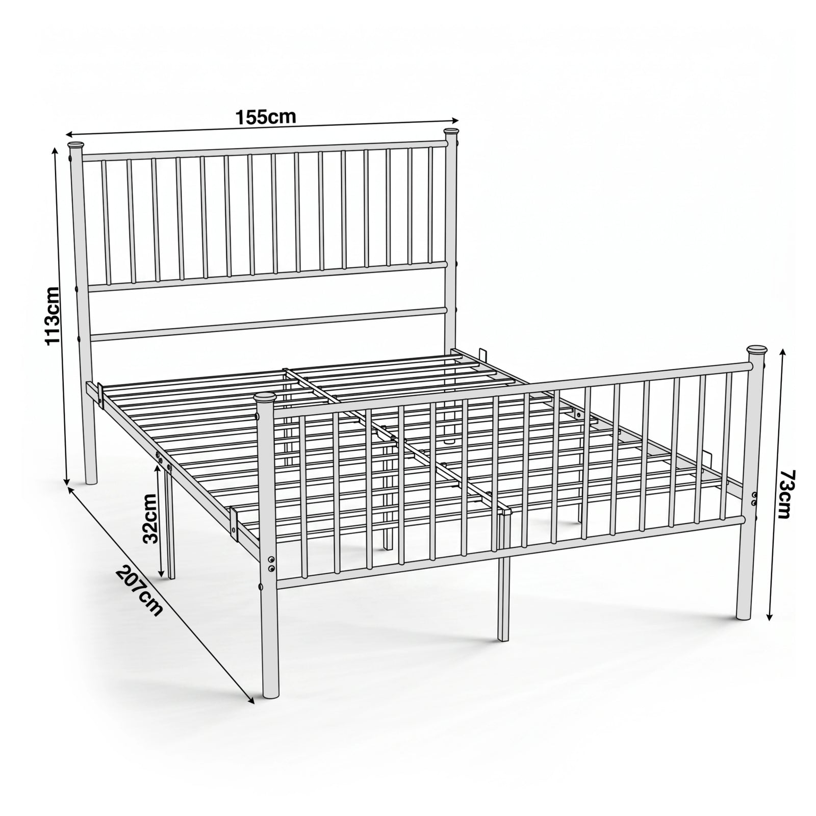 [Black | King] Black Vertical Metal Double Bed Frame with High Headboard showing 155cm width, 207cm length, and 113cm headboard height.