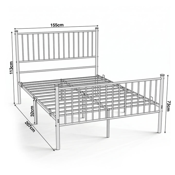 [Black | King] Black Vertical Metal Double Bed Frame with High Headboard showing 155cm width, 207cm length, and 113cm headboard height.