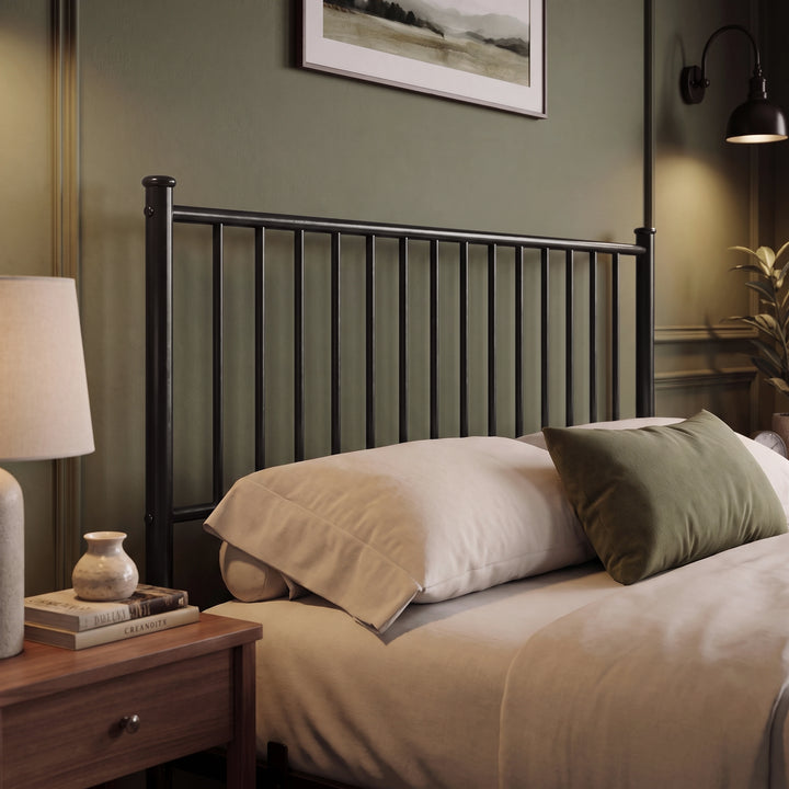 [Black | Double] Close-up view of the high headboard on the Black Vertical Metal Double Bed Frame