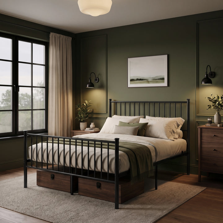 [Black | Double] Black Vertical Metal Double Bed Frame with High Headboard in a styled bedroom setup