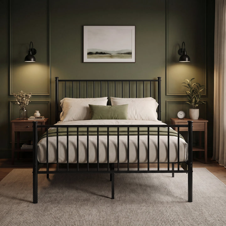 [Black | Double] Front angle view of Black Vertical Metal Double Bed Frame with High Headboard