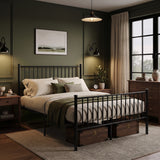 [Black | Double] Black vertical metal double bed frame with high headboard styled in an olive green bedroom with under-bed storage trunks