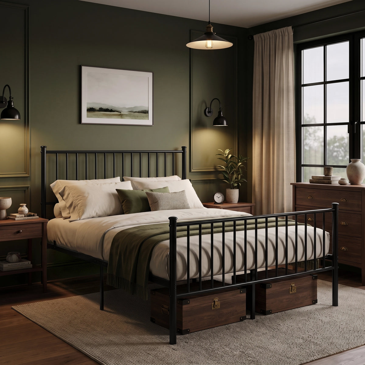 [Black | Double] Black vertical metal double bed frame with high headboard styled in an olive green bedroom with under-bed storage trunks