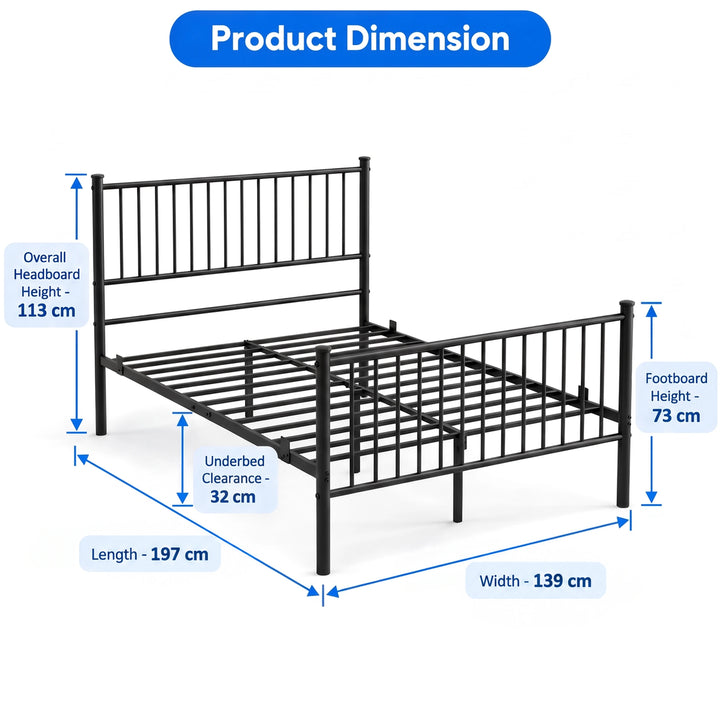 [Black | Double] Product dimensions for Black Vertical Metal Double Bed Frame with High Headboard