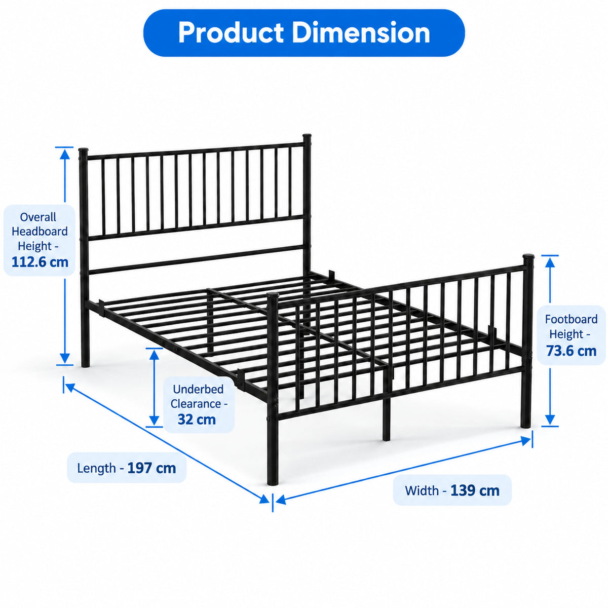 [Black | Double] Product dimensions for Black Vertical Metal Double Bed Frame with High Headboard