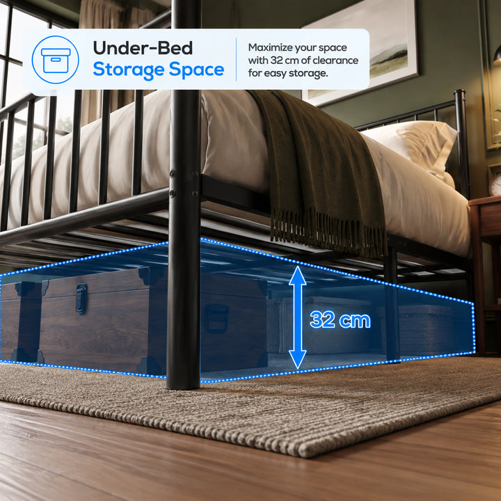 [Black | Double] Under-bed storage space feature with 32 cm clearance on metal bed frame
