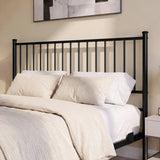 [Black | King] Metal bed close-up view of tall vertical-bar headboard with white pillows & black-and-white abstract wall art.
