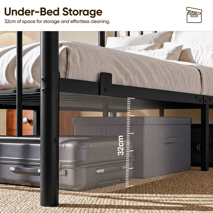 [Black | King] Black king bed 32cm under-bed clearance with a suitcase and fabric storage box beneath the metal bed frame.