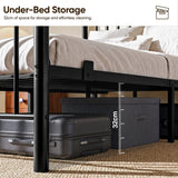 [Black | King] Black king bed 32cm under-bed clearance with a suitcase and fabric storage box beneath the metal bed frame.
