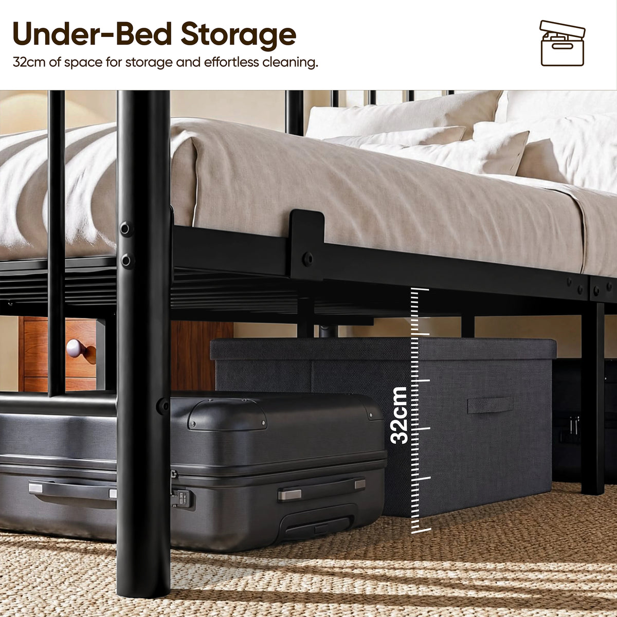 [Black | King] Black king bed 32cm under-bed clearance with a suitcase and fabric storage box beneath the metal bed frame.
