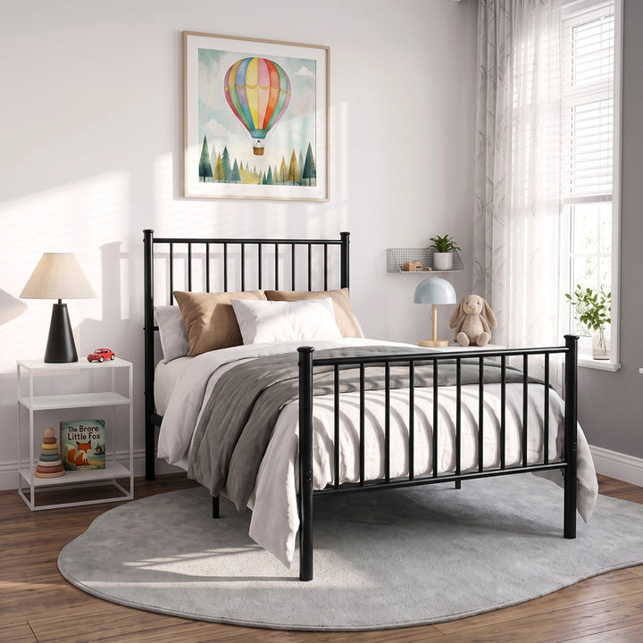 [Black | Single] Metal bed with white-grey bedding, bar ends and centre leg in a bright room with toys and wall art.