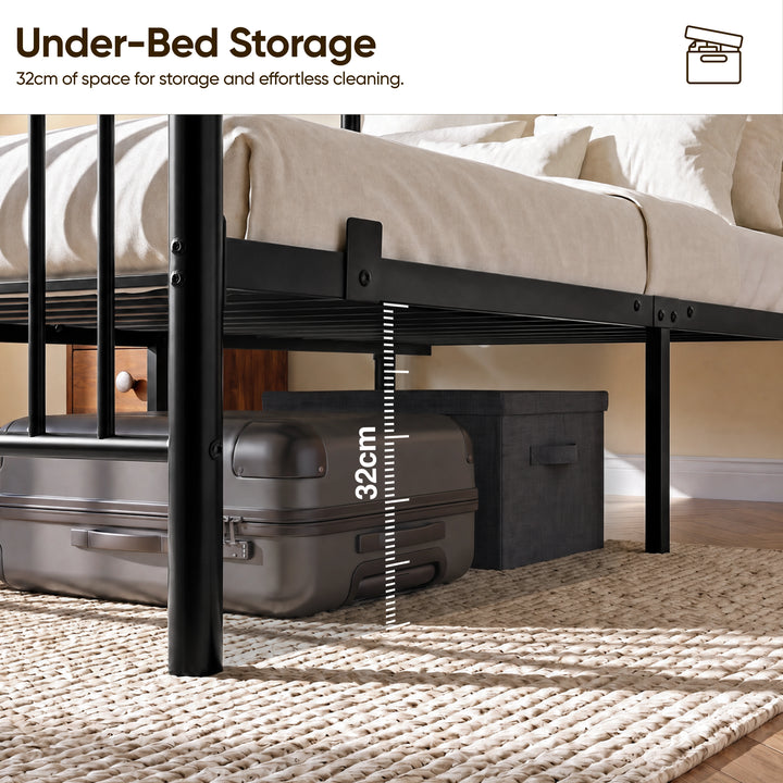 [Black | Single] Black metal single bed showing 32cm under-bed clearance with a suitcase & storage box beneath the bed frame.