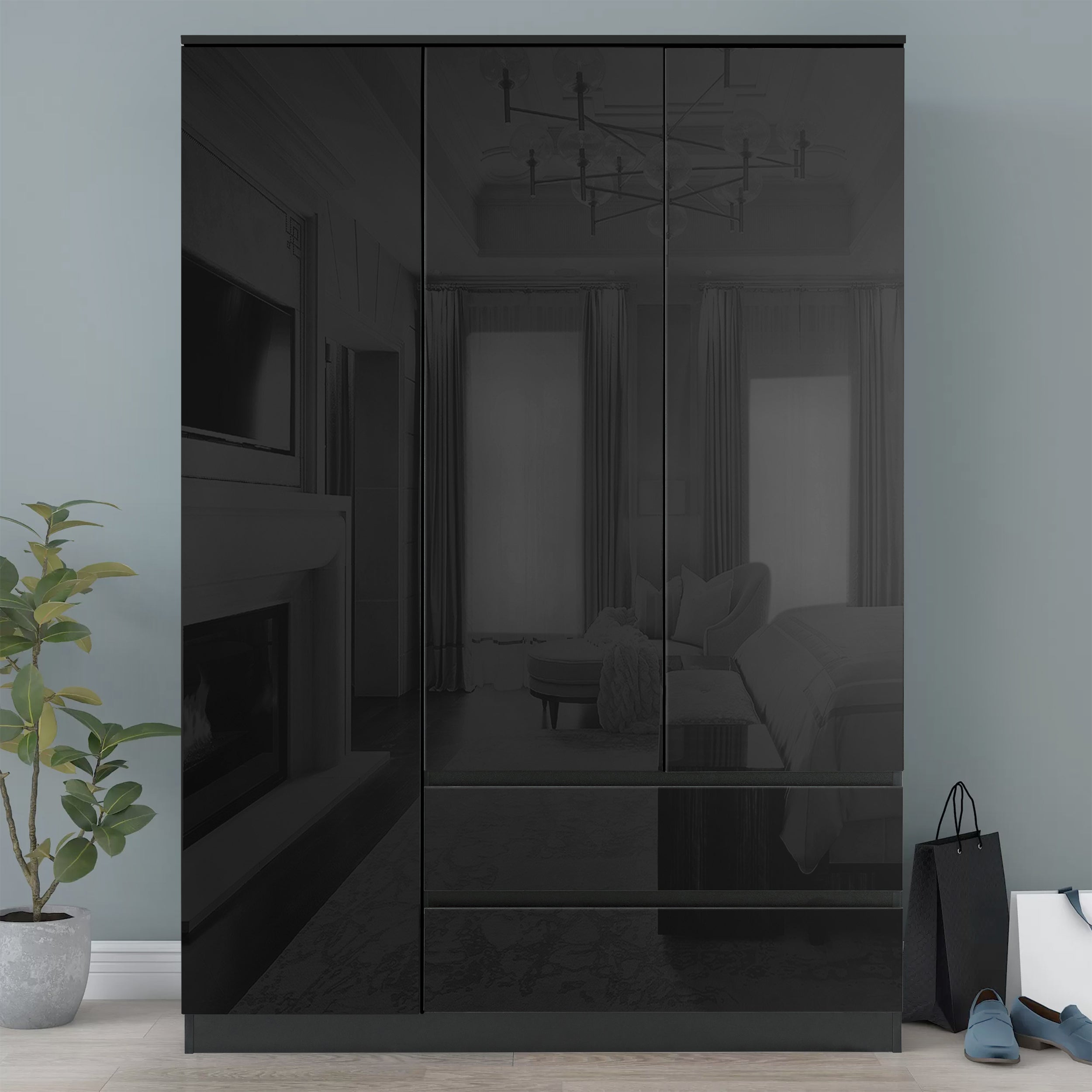 Black wardrobe 3 door sleek design and spacious storage for modern bedrooms