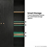 [Black] Wardrobe shelf detail showing three adjustable shelves, side peg holes, open storage bay, and door edge.