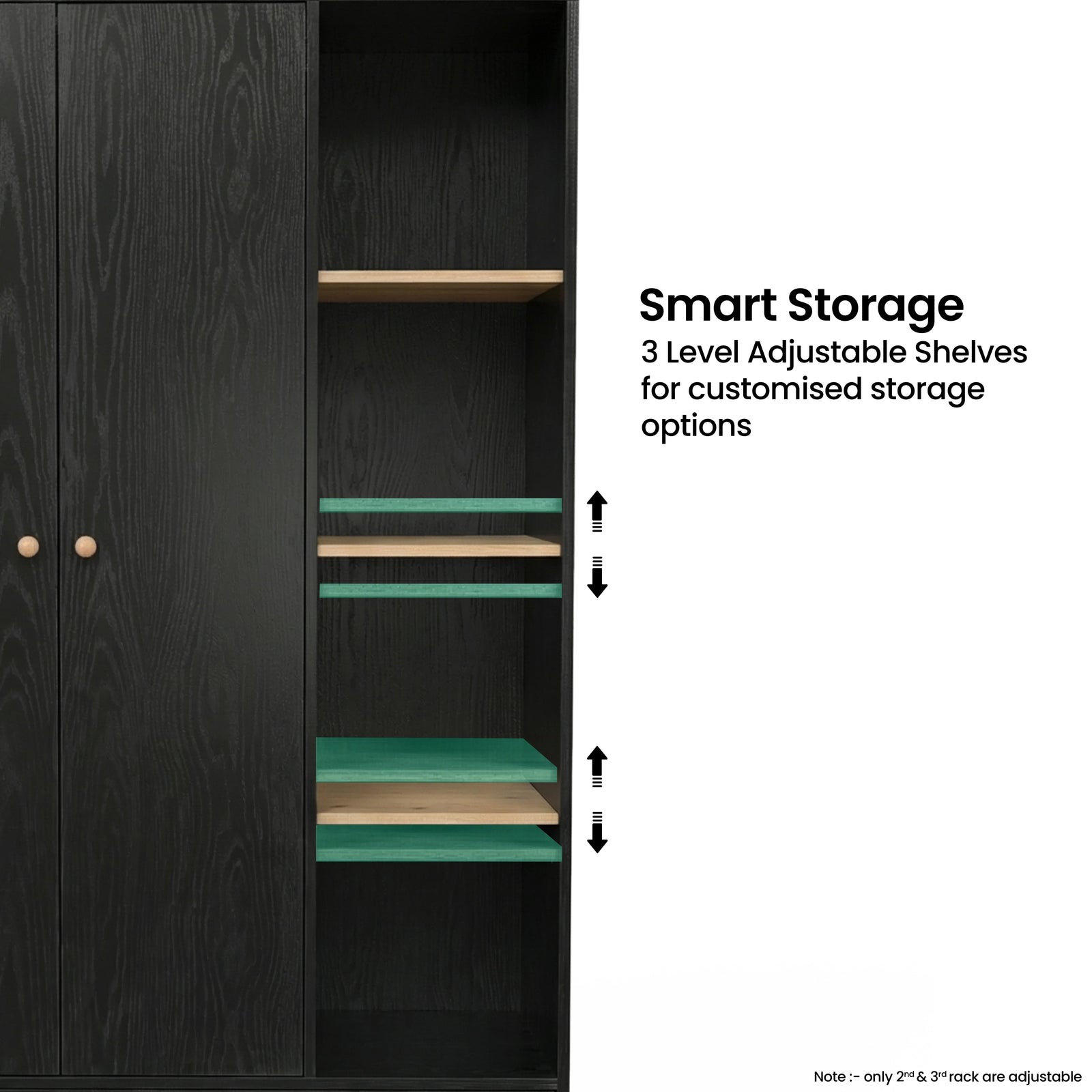 [Black] Wardrobe shelf detail showing three adjustable shelves, side peg holes, open storage bay, and door edge.