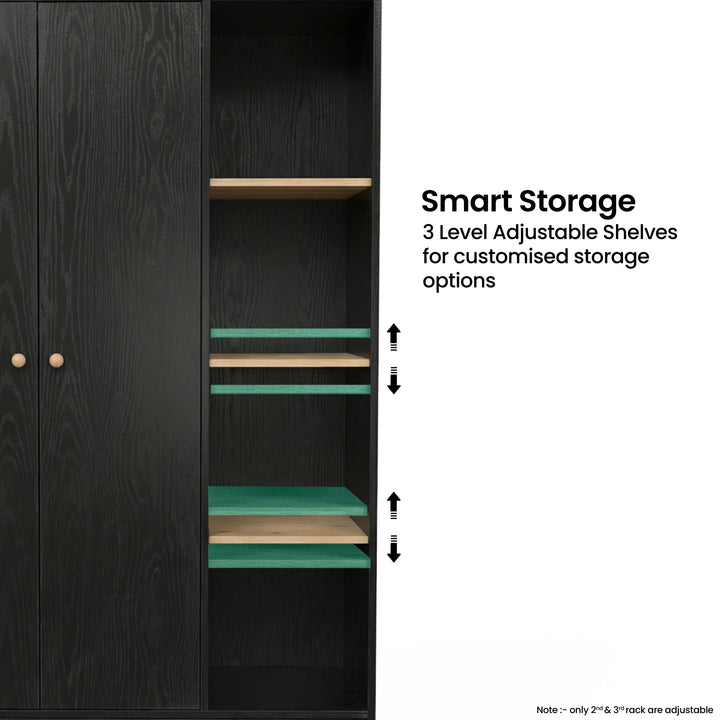 [Black] Wardrobe shelf detail showing three adjustable shelves, side peg holes, open storage bay, and door edge.