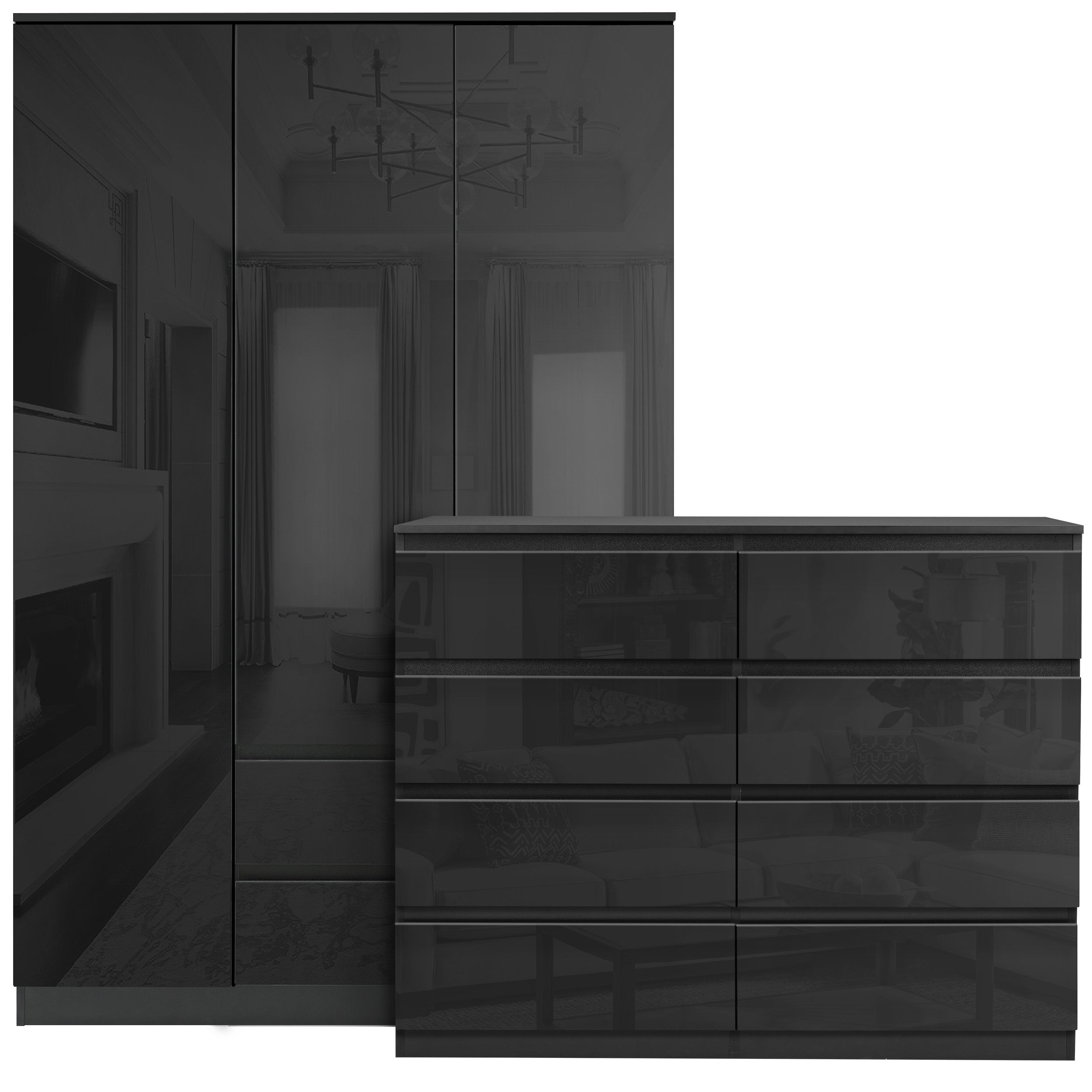 Blisswood black wardrobe and drawer set – sleek, modern storage for stylish spaces.