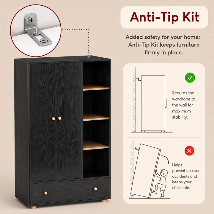 [Black] Wardrobe anti-tip kit slide showing wall bracket, stability guide, open shelves, closed doors, and drawer.