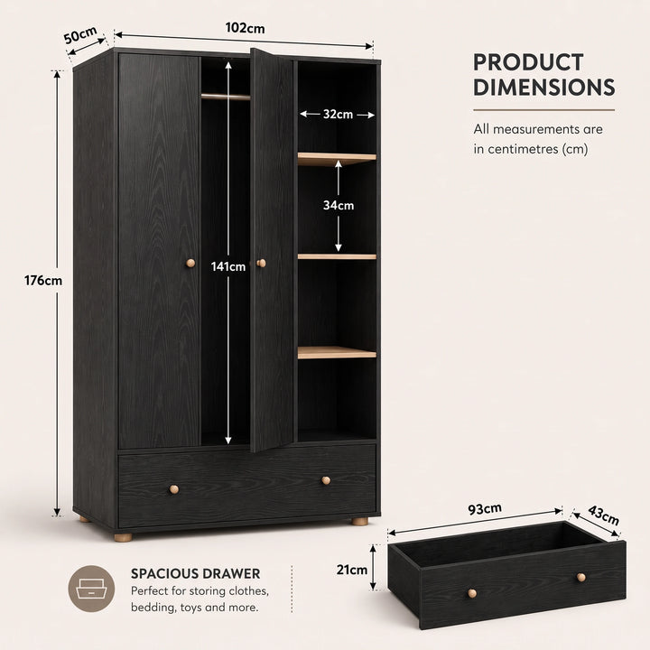 [Black] Wardrobe dimensions slide showing open doors, hanging rail, shelves, drawer, width, depth, and height labels.