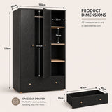 [Black] Wardrobe dimensions slide showing open doors, hanging rail, shelves, drawer, width, depth, and height labels.