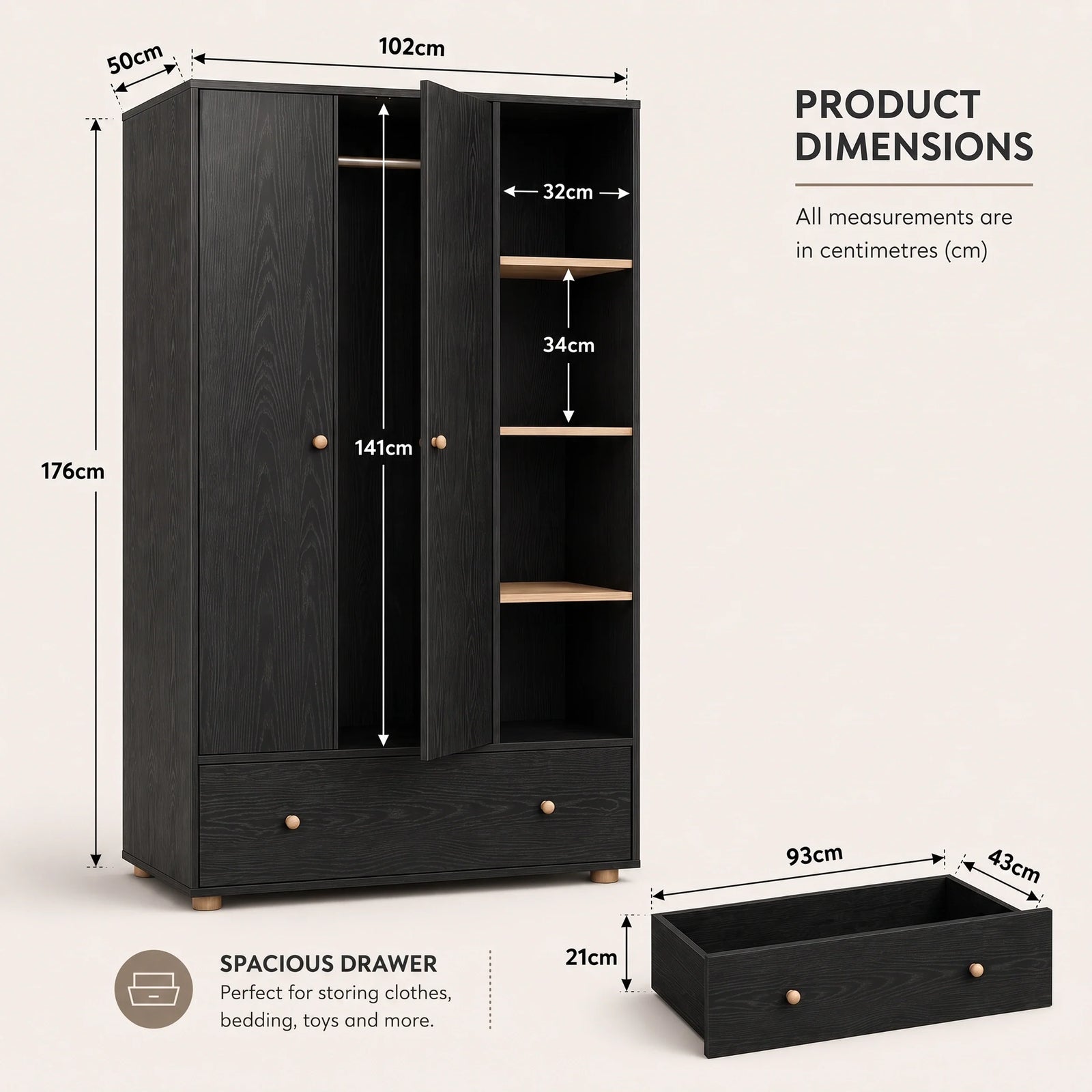 [Black] Wardrobe dimensions slide showing open doors, hanging rail, shelves, drawer, width, depth, and height labels.