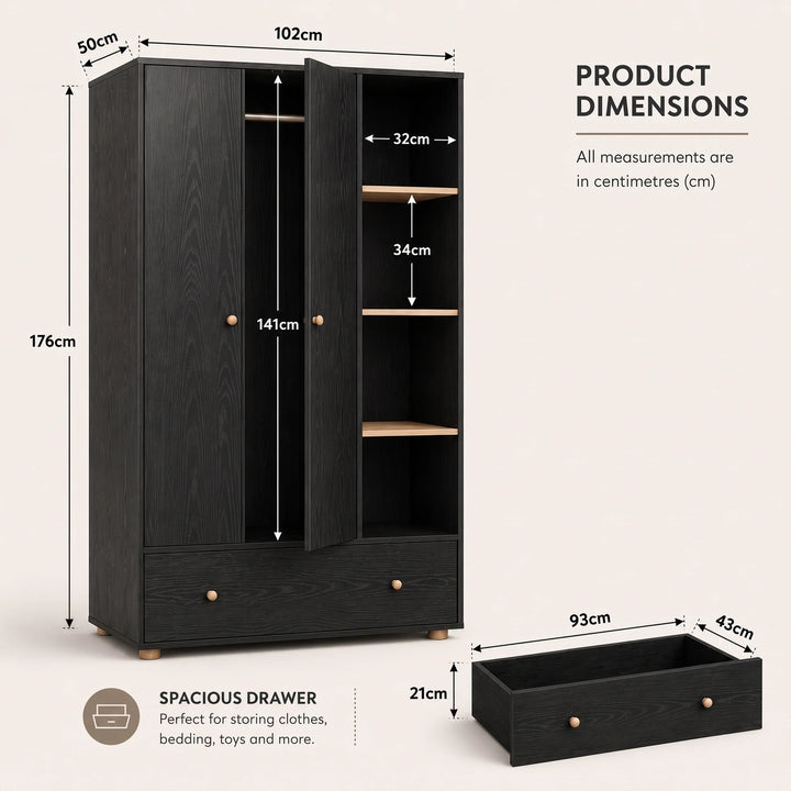 [Black] Wardrobe dimensions slide showing open doors, hanging rail, shelves, drawer, width, depth, and height labels.