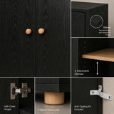 [Black] Wardrobe detail collage showing wood grain doors, soft-close hinge, natural leg, shelf edge, and anti-tip bracket.