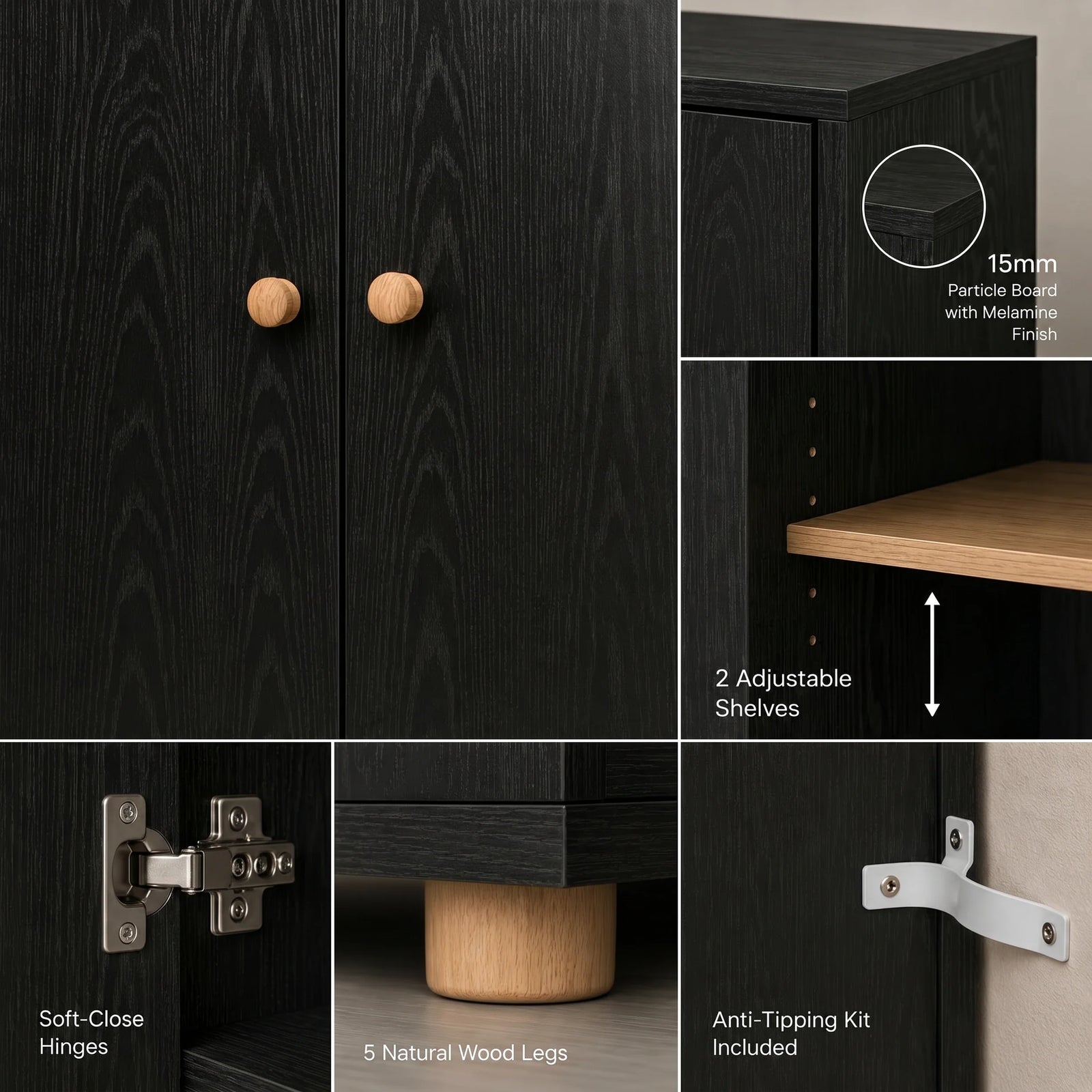 [Black] Wardrobe detail collage showing wood grain doors, soft-close hinge, natural leg, shelf edge, and anti-tip bracket.