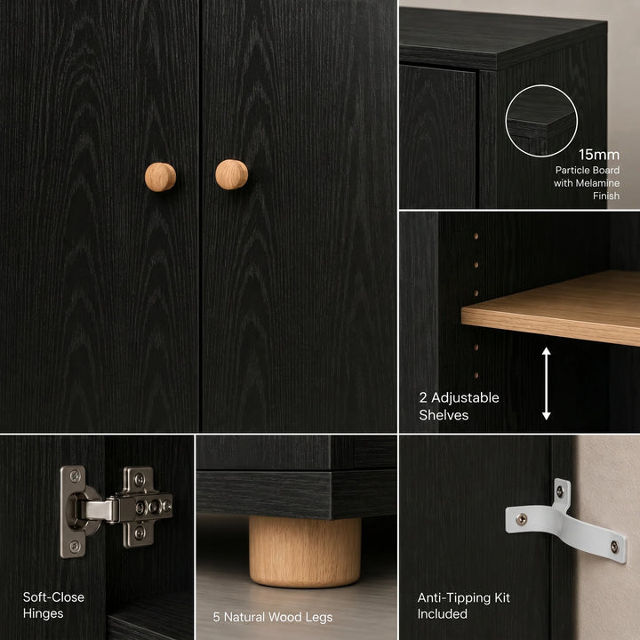 [Black] Wardrobe detail collage showing wood grain doors, soft-close hinge, natural leg, shelf edge, and anti-tip bracket.