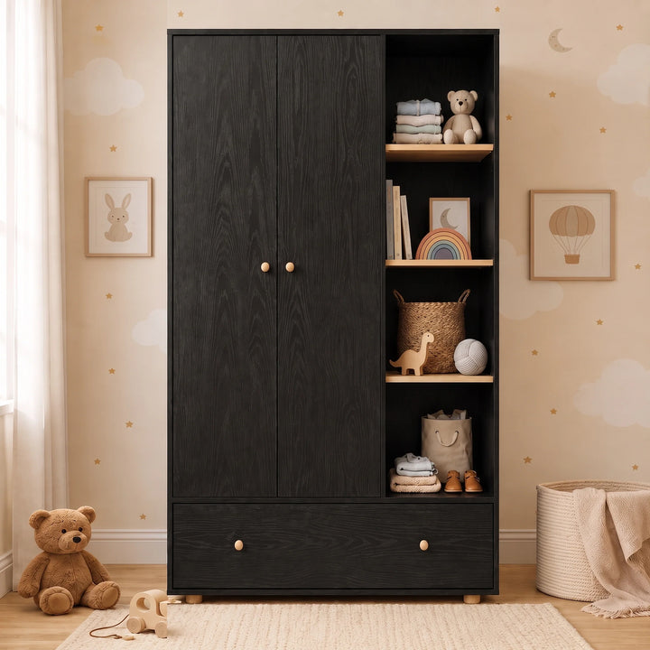 [Black] Wardrobe front view in nursery with closed doors, open shelves, drawer, teddy bear, wall art, and curtains.