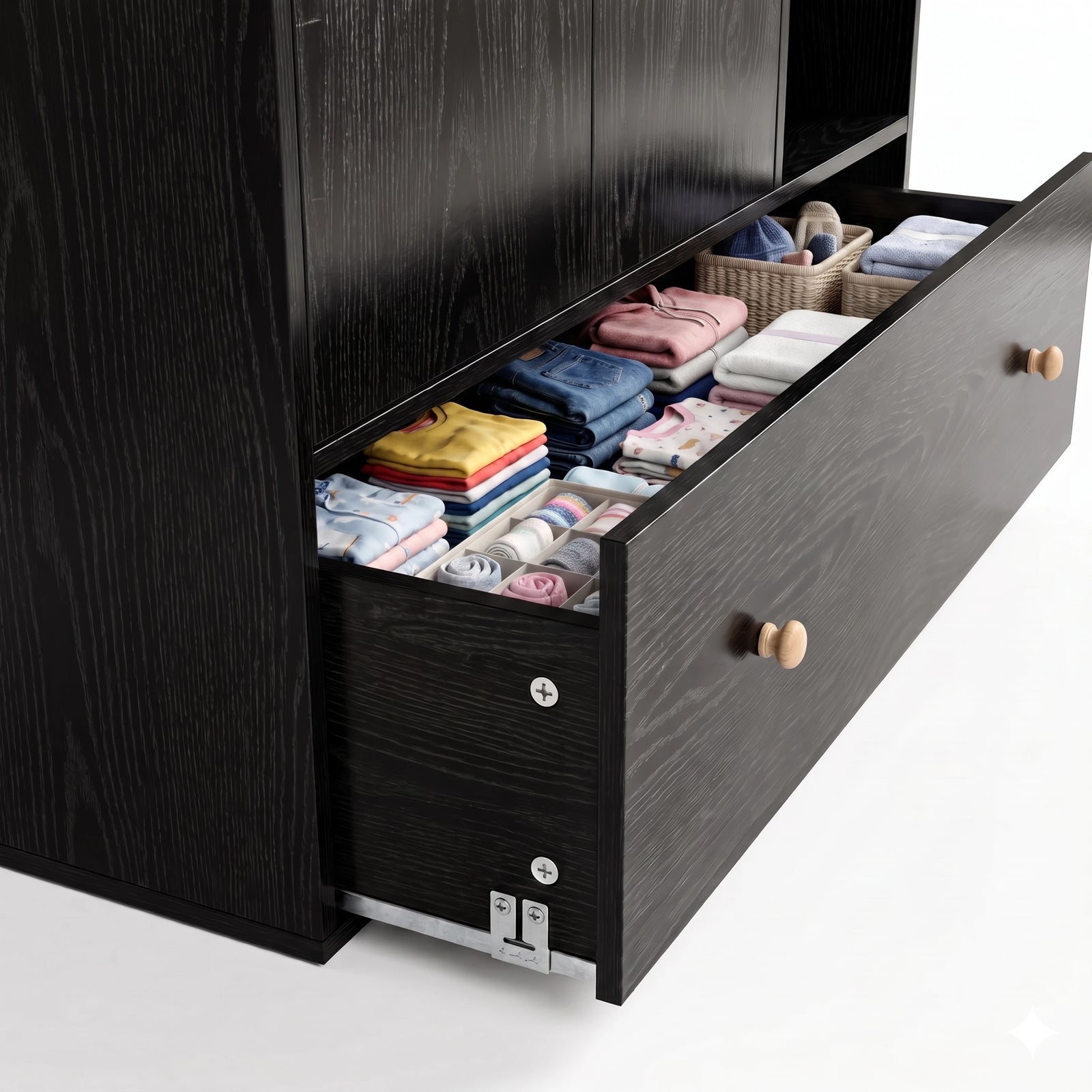 [Black] Wardrobe open drawer detail showing folded clothing, dividers, dark wood grain, metal runners, and knob handle.