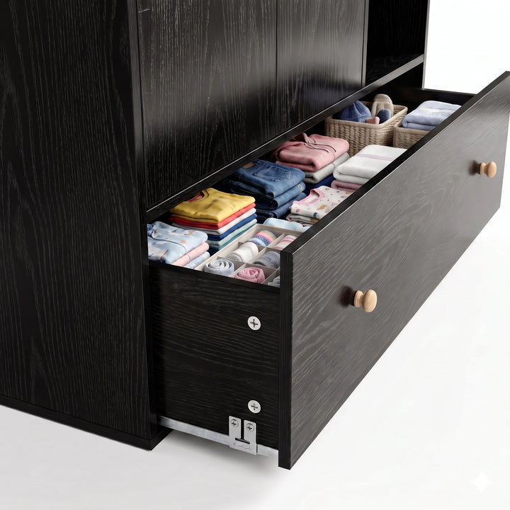 [Black] Wardrobe open drawer detail showing folded clothing, dividers, dark wood grain, metal runners, and knob handle.