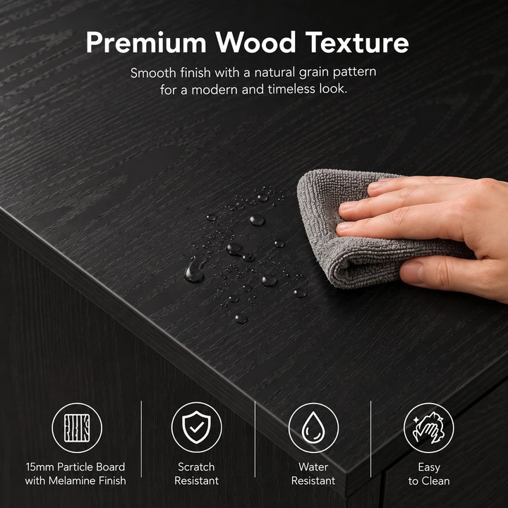 [Black] Wardrobe texture slide showing water droplets, wiping cloth, smooth grain surface, and easy-clean feature icons.