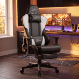 [Black + White] Ergonomic Gaming Chair with Footrest styled in a modern gaming studio setup.