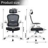 Black and white ergonomic office chair with dimensions and adjustable features