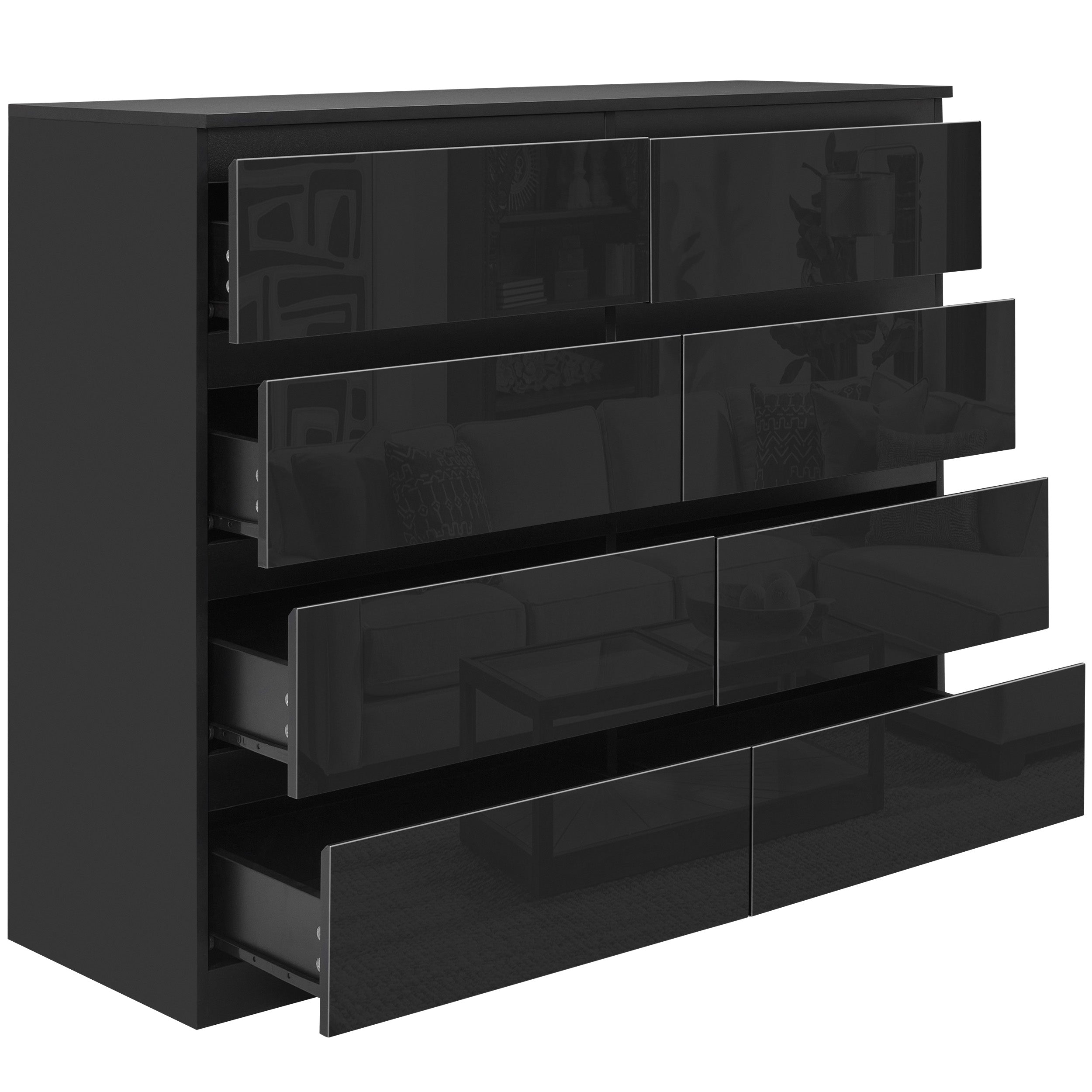 Black wide chest of drawers with sleek design, perfect for modern and organized storage.