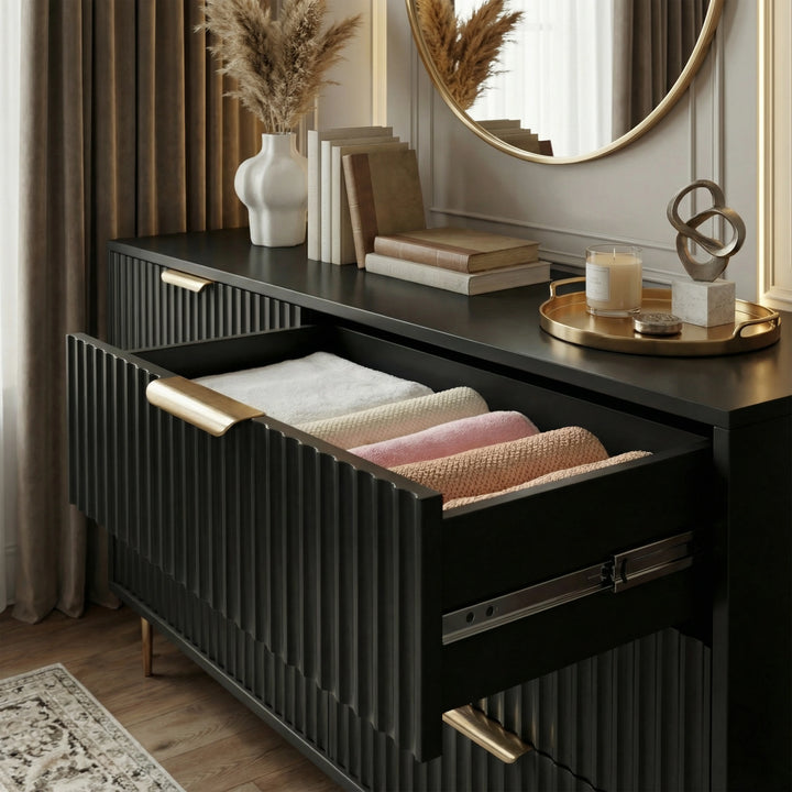 [Black] Interior view of black drawer compartment with smooth painted finish and storage capacity