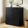 [Black] Black wood grain 4-drawer chest with black handles styled with a flower vase in a modern bedroom interior design