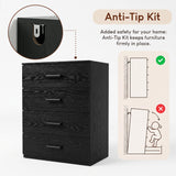 [Black] Black wood grain 4-drawer chest featuring anti-tip safety wall attachment kit for tipping prevention in home spaces