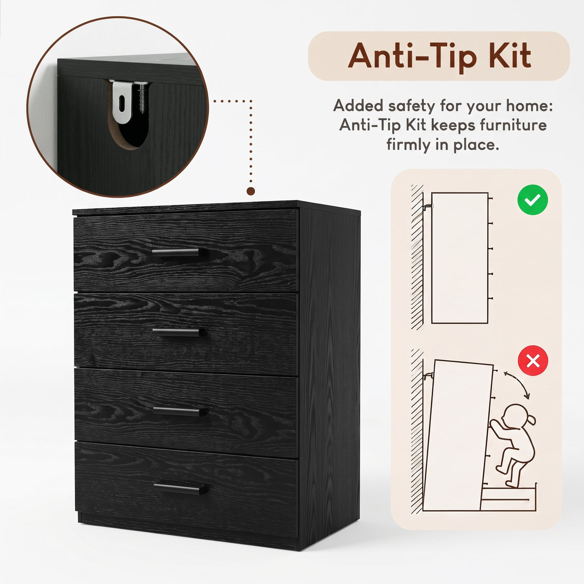 [Black] Black wood grain 4-drawer chest featuring anti-tip safety wall attachment kit for tipping prevention in home spaces