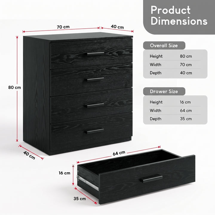 [Black] Product dimensions diagram for black 4-drawer chest showing 80cm height, 70cm width, and 40cm depth measurements