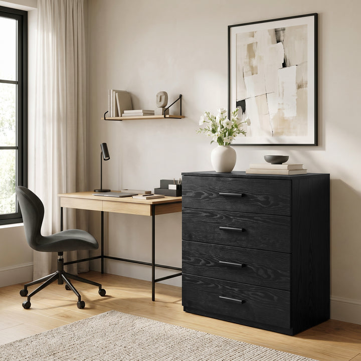 [Black] Black 4-drawer wood grain storage chest placed next to a study desk and office chair in a bright home office space