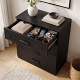 [Black] Top-down angle of a black wood grain chest showing the top drawer open with organized ties, belts, and accessories